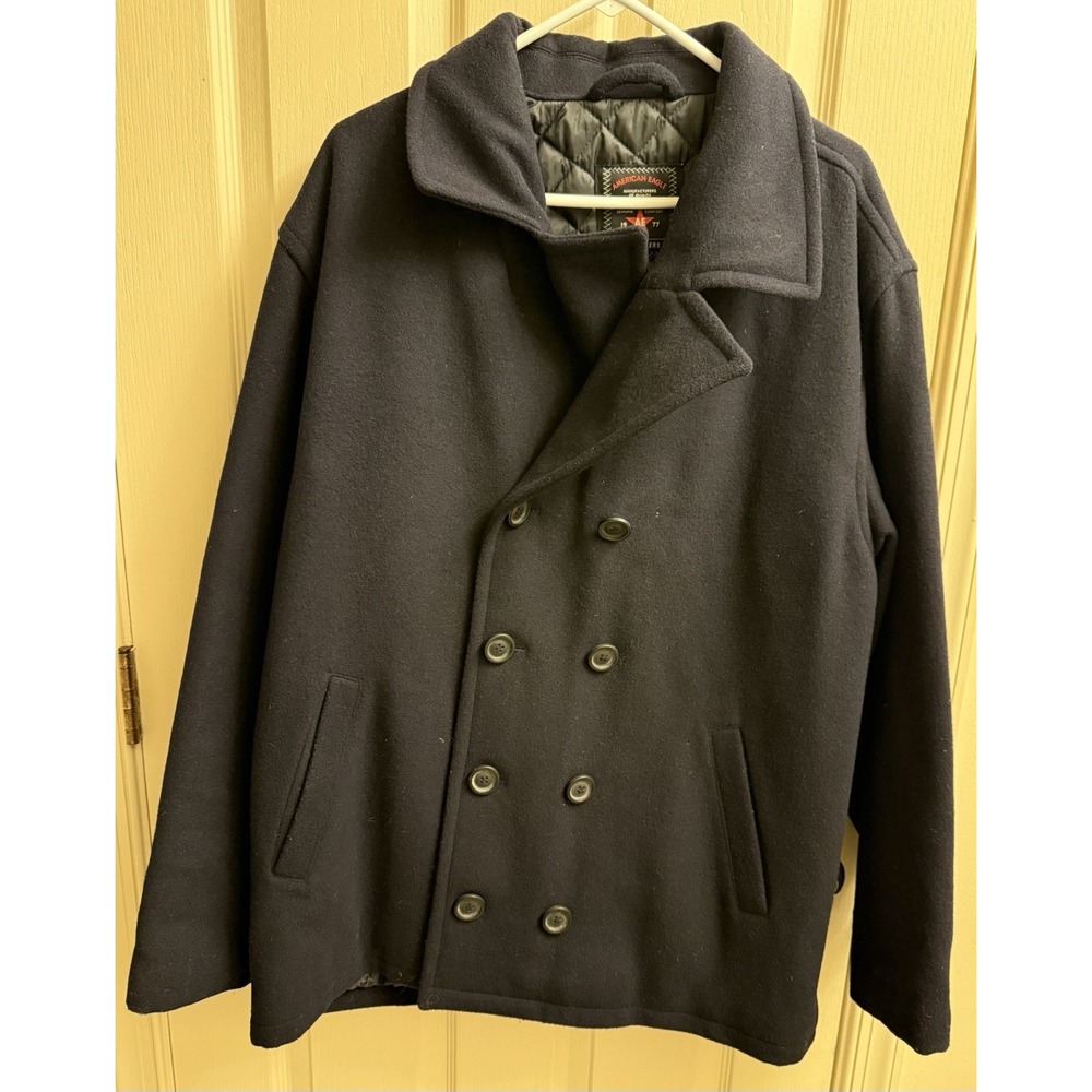 VTG American Eagle Mens Pea Coat Jacket Blue Large Double Breasted 100% Wool